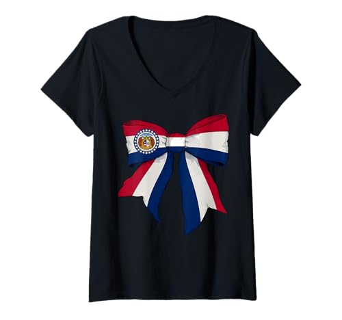 Damen Kokettenschleifenband für Mädchen, Flagge des Bundesstaates Missouri T-Shirt mit V-Ausschnitt von Womens Coquette Bow Missouri Heritage Flag Gifts