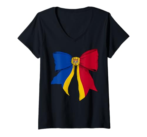 Damen Moldawien Moldawischer Stolz Flagge Mädchen Kokette Schleife Band T-Shirt mit V-Ausschnitt Damen Moldawien Moldawischer Stolz Flagge Mädchen Kokette Schleife Band T-Shirt mit V-Ausschnitt von Womens Coquette Bow Moldova Heritage Flag Gifts