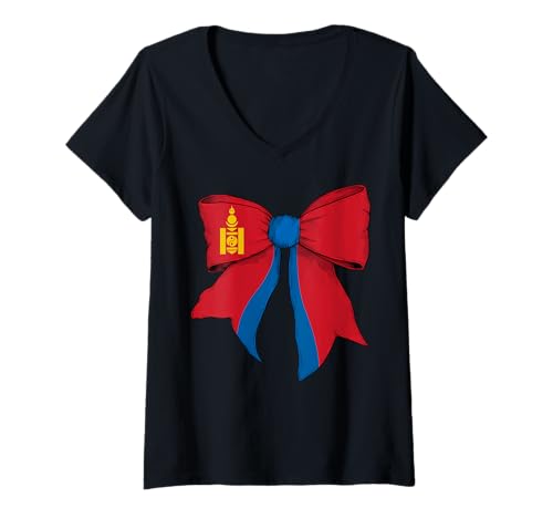 Damen Mongolei Mongolische Stolz Flagge Mädchen Kokette Schleife Band T-Shirt mit V-Ausschnitt von Womens Coquette Bow Mongolia Heritage Flag Gifts