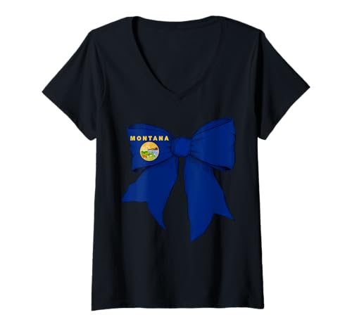 Damen Kokettenschleifenband mit der Flagge des Bundesstaates Montana für Mädchen T-Shirt mit V-Ausschnitt von Womens Coquette Bow Montana Heritage Flag Gifts