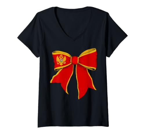 Damen Montenegro Montenegro Pride Flagge Mädchen Kokette Schleife Band T-Shirt mit V-Ausschnitt Damen Montenegro Montenegro Pride Flagge Mädchen Kokette Schleife Band T-Shirt mit V-Ausschnitt von Womens Coquette Bow Montenegro Heritage Flag Gifts
