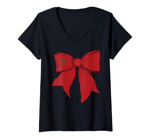 Damen Marokko Marokkanischer Stolz Flagge Mädchen Kokette Schleife Band T-Shirt mit V-Ausschnitt Damen Marokko Marokkanischer Stolz Flagge Mädchen Kokette Schleife Band T-Shirt mit V-Ausschnitt von Womens Coquette Bow Morocco Heritage Flag Gifts