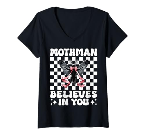 Damen Mothman glaubt an Dich Cryptozoology Cryptid Girl Mom T-Shirt mit V-Ausschnitt von Womens Coquette Bow Mothman Cryptozoology Gifts