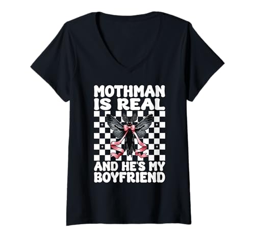 Damen Mothman ist echt und er ist Mein Freund Cryptozoology Girl Mama T-Shirt mit V-Ausschnitt von Womens Coquette Bow Mothman Cryptozoology Gifts