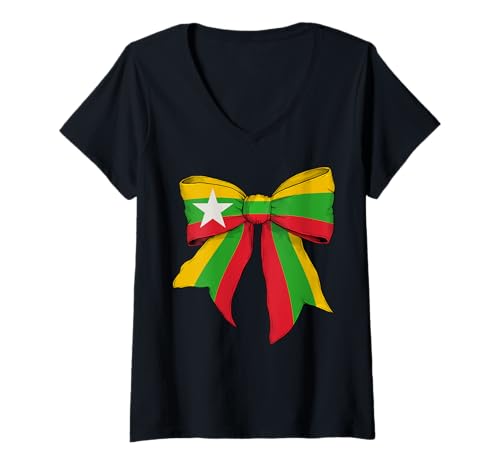 Damen Myanmar Burmesische Pride Flagge Mädchen Kokette Schleife Band T-Shirt mit V-Ausschnitt Damen Myanmar Burmesische Pride Flagge Mädchen Kokette Schleife Band T-Shirt mit V-Ausschnitt von Womens Coquette Bow Myanmar Heritage Flag Gifts