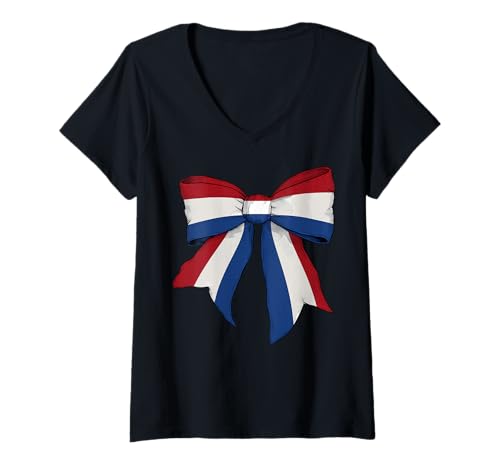 Damen Schleifenband mit niederländischer Flagge für Mädchen T-Shirt mit V-Ausschnitt Damen Schleifenband mit niederländischer Flagge für Mädchen T-Shirt mit V-Ausschnitt von Womens Coquette Bow Netherlands Heritage Gifts