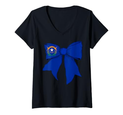 Damen Kokettenschleifenband mit der Flagge von Nevada für Mädchen T-Shirt mit V-Ausschnitt Damen Kokettenschleifenband mit der Flagge von Nevada für Mädchen T-Shirt mit V-Ausschnitt von Womens Coquette Bow Nevada Heritage Flag Gifts