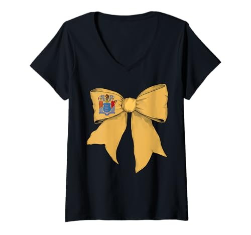 Damen Kokettenschleifenband für Mädchen, Flagge des Bundesstaates New Jersey T-Shirt mit V-Ausschnitt von Womens Coquette Bow New Jersey Heritage Flag Gifts