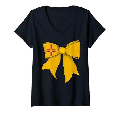 Damen Kokettenschleifenband für Mädchen, Flagge des Bundesstaates New Mexico T-Shirt mit V-Ausschnitt von Womens Coquette Bow New Mexico Heritage Flag Gifts