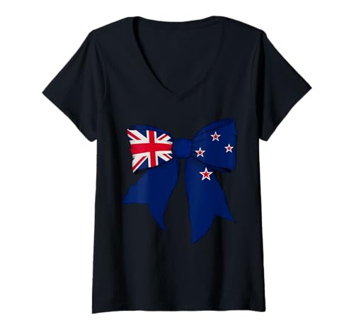 Damen Neuseeland Neuseeland Pride Flag Girl Coquette Bow T-Shirt mit V-Ausschnitt Damen Neuseeland Neuseeland Pride Flag Girl Coquette Bow T-Shirt mit V-Ausschnitt von Womens Coquette Bow New Zealand Heritage Gifts
