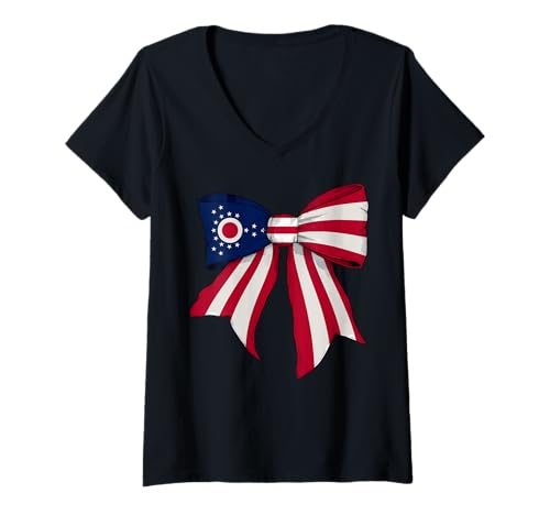Damen Kokettenschleifenband mit der Flagge des Bundesstaates Ohio für Mädchen T-Shirt mit V-Ausschnitt Damen Kokettenschleifenband mit der Flagge des Bundesstaates Ohio für Mädchen T-Shirt mit V-Ausschnitt von Womens Coquette Bow Ohio Heritage Flag Gifts