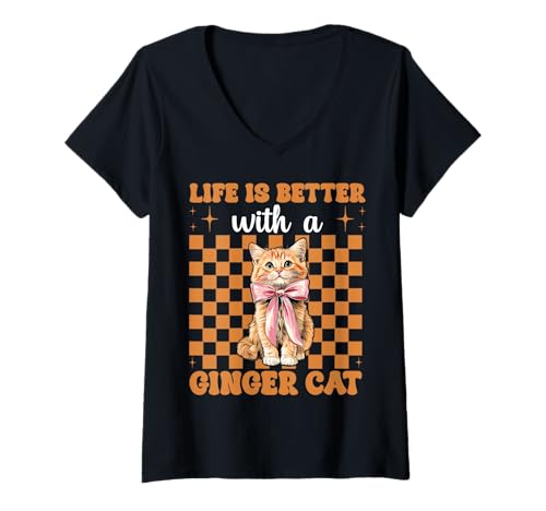 Damen Das Leben ist Besser mit Einer Ginger Cat Orange Cat Tabby Cat Girl T-Shirt mit V-Ausschnitt von Womens Coquette Bow Orange Cat Tabby Cat Gifts