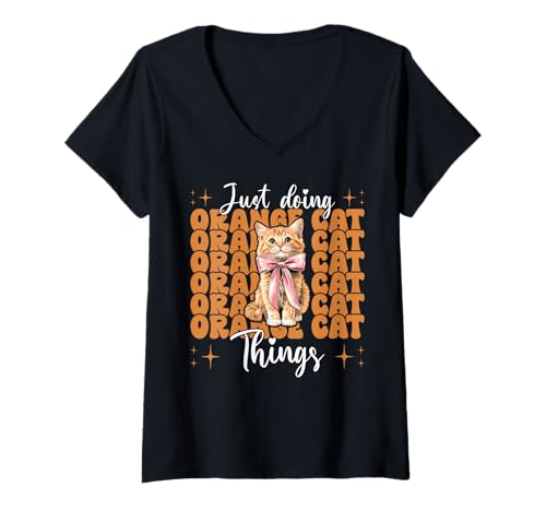 Damen Just Doing Orange Cat Things Tabby Cat Girl Cat Mama Kokette T-Shirt mit V-Ausschnitt von Womens Coquette Bow Orange Cat Tabby Cat Gifts