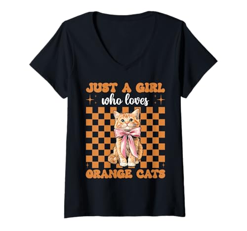 Damen Nur EIN Mädchen, das Orange Cats liebt Tabby Cat Girl Coquette T-Shirt mit V-Ausschnitt von Womens Coquette Bow Orange Cat Tabby Cat Gifts