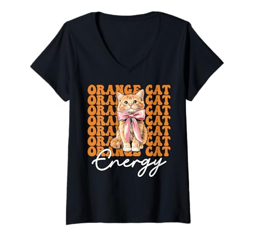Damen Orange Cat Energy Tabby Cat Girl Cat Mom Kokette Bogen T-Shirt mit V-Ausschnitt von Womens Coquette Bow Orange Cat Tabby Cat Gifts