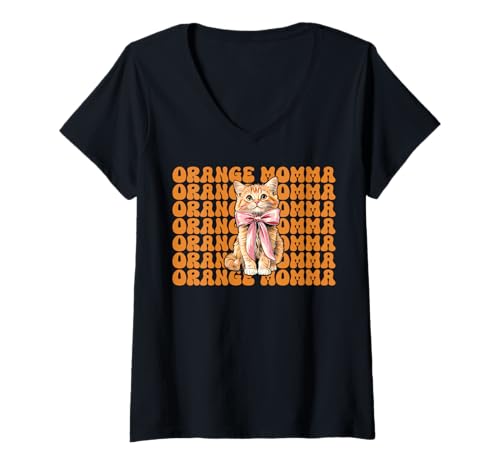 Damen Orange Momma Orange Cat Tabby Cat Mom Mama Muttertag T-Shirt mit V-Ausschnitt von Womens Coquette Bow Orange Cat Tabby Cat Gifts