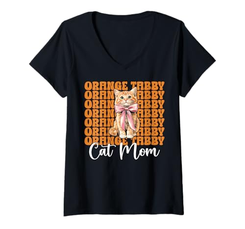 Damen Orange getigerte Katze Mama Mama Muttertag Kokette Schleife T-Shirt mit V-Ausschnitt von Womens Coquette Bow Orange Cat Tabby Cat Gifts