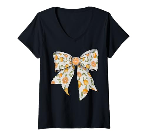 Damen Niedliche orangefarbene Pfirsich-Zitrusfrüchte Muster Mädchen Kokette Schleife T-Shirt mit V-Ausschnitt Damen Niedliche orangefarbene Pfirsich-Zitrusfrüchte Muster Mädchen Kokette Schleife T-Shirt mit V-Ausschnitt von Womens Coquette Bow Orange Peach Citrus Gifts