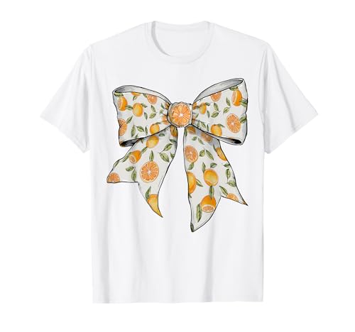 Niedliche orangefarbene Pfirsich-Zitrusfrüchte Muster Mädchen Kokette Schleife T-Shirt Niedliche orangefarbene Pfirsich-Zitrusfrüchte Muster Mädchen Kokette Schleife T-Shirt von Womens Coquette Bow Orange Peach Citrus Gifts