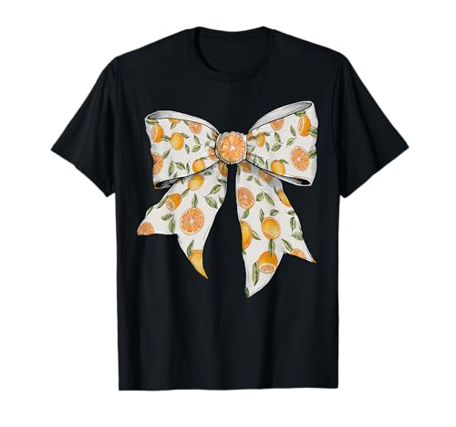 Niedliche orangefarbene Pfirsich-Zitrusfrüchte Muster Mädchen Kokette Schleife T-Shirt Niedliche orangefarbene Pfirsich-Zitrusfrüchte Muster Mädchen Kokette Schleife T-Shirt von Womens Coquette Bow Orange Peach Citrus Gifts