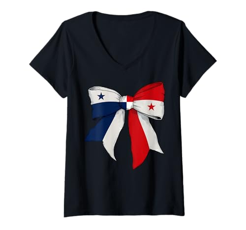 Damen Panama Panamaischer Stolz Flagge Mädchen Kokette Schleife Band T-Shirt mit V-Ausschnitt von Womens Coquette Bow Panama Heritage Flag Gifts