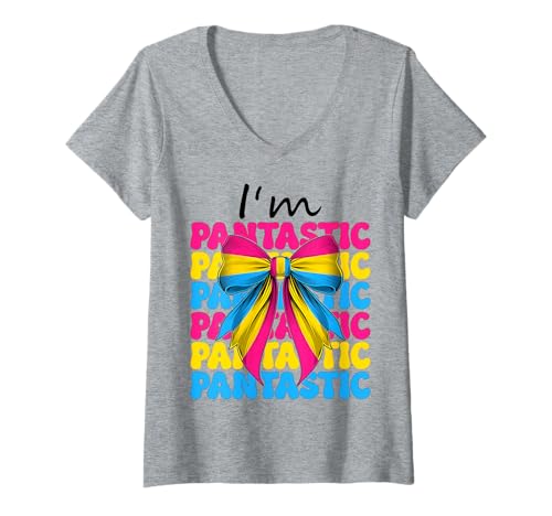 Damen I'm Pantastic Lustige Pansexual Pan Pride Flagge LGBTQ Girl T-Shirt mit V-Ausschnitt Damen I'm Pantastic Lustige Pansexual Pan Pride Flagge LGBTQ Girl T-Shirt mit V-Ausschnitt von Womens Coquette Bow Pansexual Pan Pride Gifts