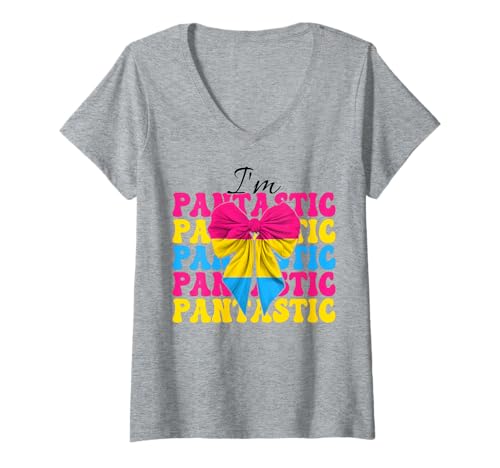 Damen I'm Pantastic Lustige Pansexual Pan Pride Flagge LGBTQ Girl T-Shirt mit V-Ausschnitt von Womens Coquette Bow Pansexual Pan Pride Gifts