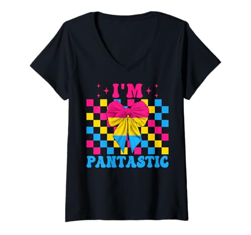 Damen I'm Pantastic Lustige Pansexual Pan Pride Flagge LGBTQ Girl T-Shirt mit V-Ausschnitt Damen I'm Pantastic Lustige Pansexual Pan Pride Flagge LGBTQ Girl T-Shirt mit V-Ausschnitt von Womens Coquette Bow Pansexual Pan Pride Gifts