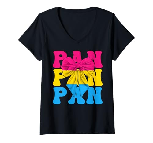 Damen Pan Pansexual Pan Pride Flag LGBTQ Girl Coquette Bow T-Shirt mit V-Ausschnitt von Womens Coquette Bow Pansexual Pan Pride Gifts