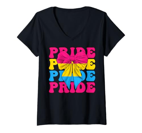 Damen Pride Pansexual Pan Pride Flag LGBTQ Girl Coquette Bow T-Shirt mit V-Ausschnitt Damen Pride Pansexual Pan Pride Flag LGBTQ Girl Coquette Bow T-Shirt mit V-Ausschnitt von Womens Coquette Bow Pansexual Pan Pride Gifts