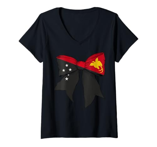Damen Papua-Neuguinea Papua-Neuguinea-Pride-Flagge Mädchen Kokette T-Shirt mit V-Ausschnitt Damen Papua-Neuguinea Papua-Neuguinea-Pride-Flagge Mädchen Kokette T-Shirt mit V-Ausschnitt von Womens Coquette Bow Papua New Guinea Gifts