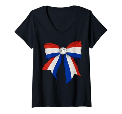 Damen Paraguay Paraguayische Pride Flagge Mädchen Kokette Schleife Band T-Shirt mit V-Ausschnitt Damen Paraguay Paraguayische Pride Flagge Mädchen Kokette Schleife Band T-Shirt mit V-Ausschnitt von Womens Coquette Bow Paraguay Heritage Flag Gifts