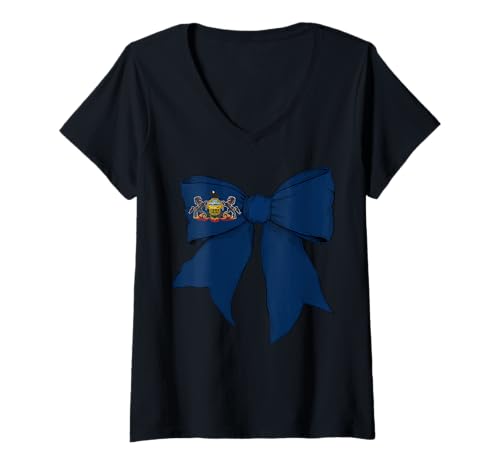 Damen Kokettenschleifenband für Mädchen, Flagge des Bundesstaates Pennsylvania T-Shirt mit V-Ausschnitt von Womens Coquette Bow Pennsylvania Heritage Gifts