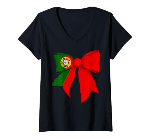 Damen Portugal Portugiesische Flagge Mädchen Kokette Schleife Band T-Shirt mit V-Ausschnitt von Womens Coquette Bow Portugal Heritage Flag Gifts