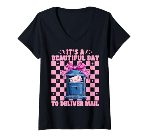 Damen Beautiful Day to Deliver Mail Postangestellter Postträger T-Shirt mit V-Ausschnitt von Womens Coquette Bow Postal Worker Mail Lady Gifts