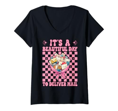 Damen Beautiful Day to Deliver Mail Postangestellter Postträger T-Shirt mit V-Ausschnitt Damen Beautiful Day to Deliver Mail Postangestellter Postträger T-Shirt mit V-Ausschnitt von Womens Coquette Bow Postal Worker Mail Lady Gifts