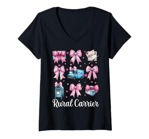 Damen Landträger Postangestellter Postträger Post Lady Girl Mama T-Shirt mit V-Ausschnitt von Womens Coquette Bow Postal Worker Mail Lady Gifts