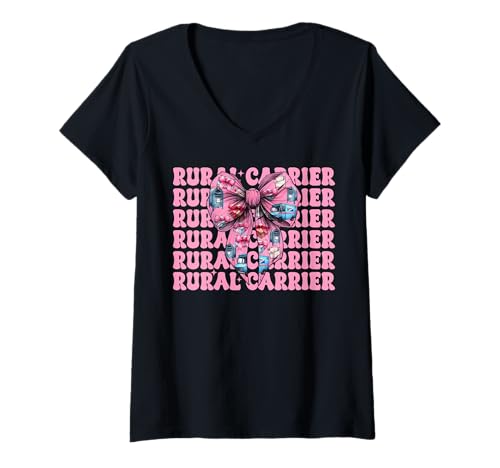 Damen Landträger Postangestellter Postträger Post Lady Girl Mama T-Shirt mit V-Ausschnitt von Womens Coquette Bow Postal Worker Mail Lady Gifts
