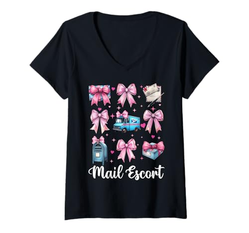 Damen Mail Escort Postangestellter Postträger Post Lady Girl Mama T-Shirt mit V-Ausschnitt von Womens Coquette Bow Postal Worker Mail Lady Gifts