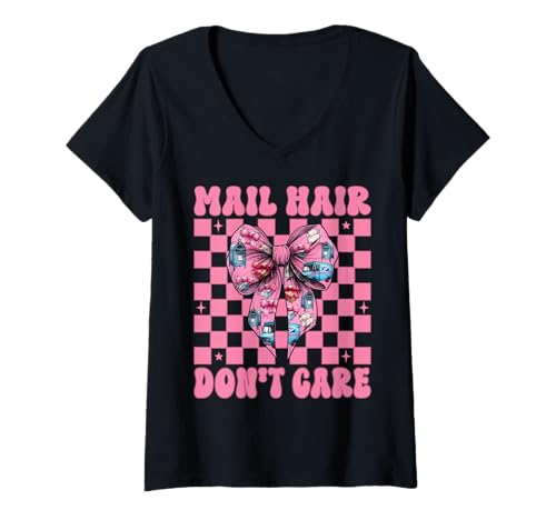 Damen Mail Hair Don't Care Postangestellter Postträger Post Lady T-Shirt mit V-Ausschnitt Damen Mail Hair Don't Care Postangestellter Postträger Post Lady T-Shirt mit V-Ausschnitt von Womens Coquette Bow Postal Worker Mail Lady Gifts