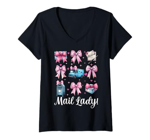 Damen Mail Lady! Postangestellter Postträger Mädchen Mama Kokette Schleife T-Shirt mit V-Ausschnitt von Womens Coquette Bow Postal Worker Mail Lady Gifts