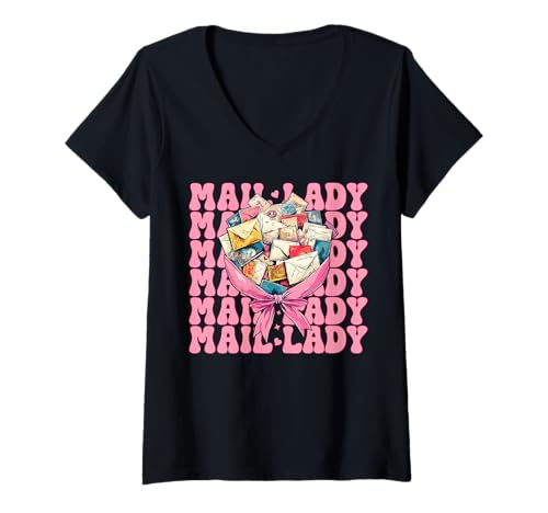 Damen Mail Lady! Postangestellter Postträger Mädchen Mama Kokette Schleife T-Shirt mit V-Ausschnitt von Womens Coquette Bow Postal Worker Mail Lady Gifts
