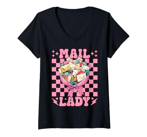Damen Mail Lady! Postangestellter Postträger Mädchen Mama Kokette Schleife T-Shirt mit V-Ausschnitt von Womens Coquette Bow Postal Worker Mail Lady Gifts