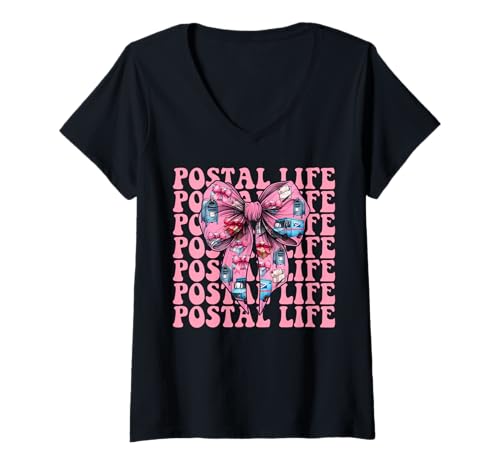 Damen Postal Life Postangestellter Postträger Post Lady Girl Mom T-Shirt mit V-Ausschnitt von Womens Coquette Bow Postal Worker Mail Lady Gifts