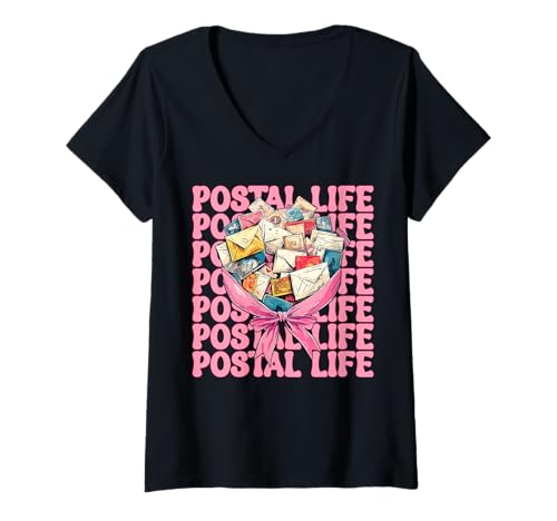 Damen Postal Life Postangestellter Postträger Post Lady Girl Mom T-Shirt mit V-Ausschnitt von Womens Coquette Bow Postal Worker Mail Lady Gifts
