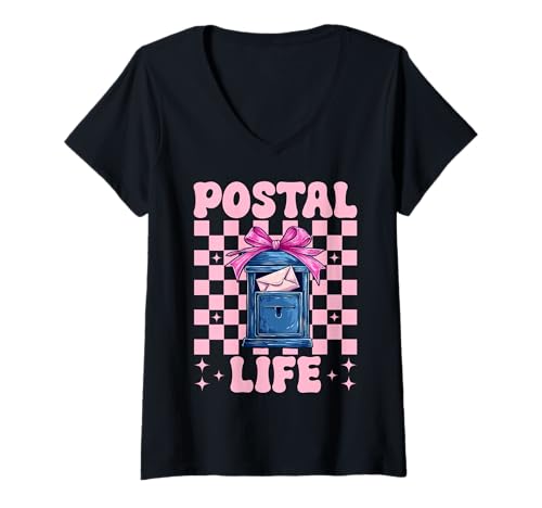 Damen Postal Life Postangestellter Postträger Post Lady Girl Mom T-Shirt mit V-Ausschnitt von Womens Coquette Bow Postal Worker Mail Lady Gifts