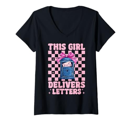 Damen Postangestellter Postträger Dieses Mädchen liefert Briefe T-Shirt mit V-Ausschnitt Damen Postangestellter Postträger Dieses Mädchen liefert Briefe T-Shirt mit V-Ausschnitt von Womens Coquette Bow Postal Worker Mail Lady Gifts