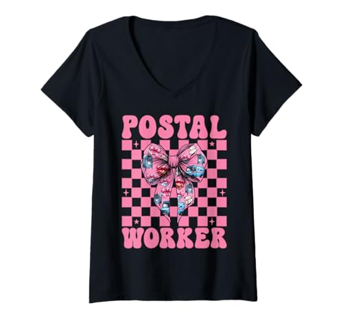 Damen Postangestellter Postträger Post Lady Girl Mom Kokette Schleife T-Shirt mit V-Ausschnitt von Womens Coquette Bow Postal Worker Mail Lady Gifts