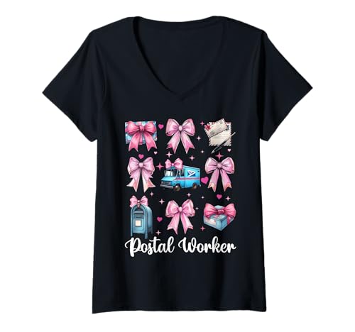 Damen Postangestellter Postträger Post Lady Girl Mom Kokette Schleife T-Shirt mit V-Ausschnitt von Womens Coquette Bow Postal Worker Mail Lady Gifts