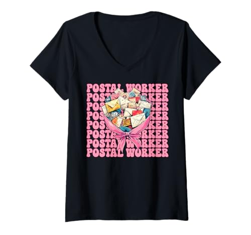 Damen Postangestellter Postträger Post Lady Girl Mom Kokette Schleife T-Shirt mit V-Ausschnitt von Womens Coquette Bow Postal Worker Mail Lady Gifts